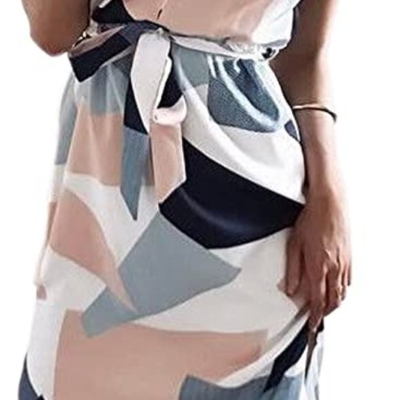 Abstract Geometric Print Tie-belt Dress Blue Pink White - Size XL - Picture 2 of 8